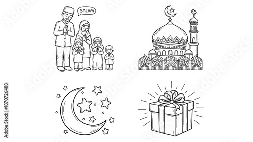 Outline Set of Islamic Icons Family Mosque Crescent Moon and Gift for Eid and Ramadan