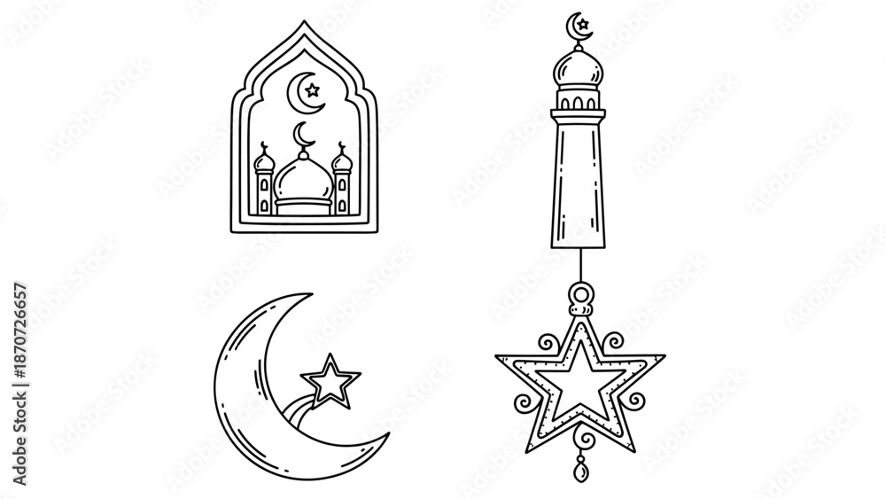 Fototapeta premium Islamic Holiday Symbols Line Art Set