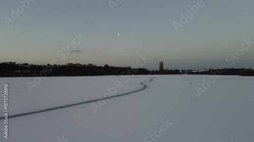 drone, aerial, suburbs, suburban, winter, sunrise, morning, early, houses, residential, neighborhood, streets, rooftops, cold, frost, snow, nordic, scandinavia, calm, quiet, daylight, morninglight, da