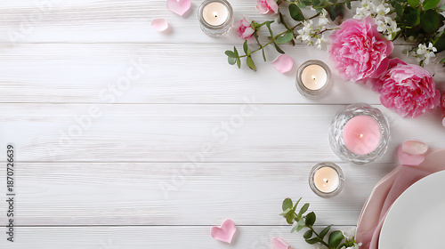 Spa composition with pink candles, fresh flowers, towels, and natural soap on white wooden background. Relaxation and beauty treatment concept. Copy space.
