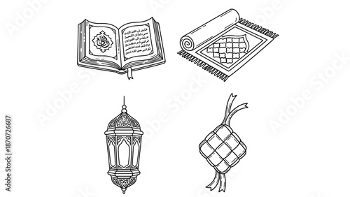 Hand Drawn Islamic Religious and Cultural Elements Line Art Collection