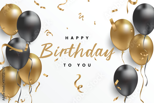 Happy birthday greeting text with elegant gold and black balloons. Vector illustration