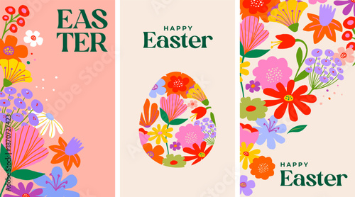 Cute Easter vertical banners with rabbits and colorful spring flowers. Playful folk art style with floral elements.