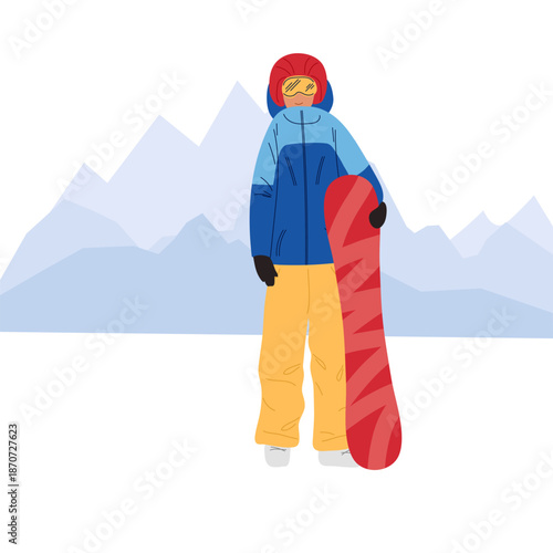 Safety in mountains. Snowboarder stands in full gear with snowboard and helmet against backdrop of snowy slopes. 