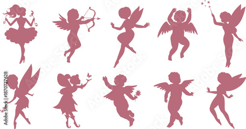 Romantic Fairy and Cupid Silhouette Vector Set with Wings and Magic Poses