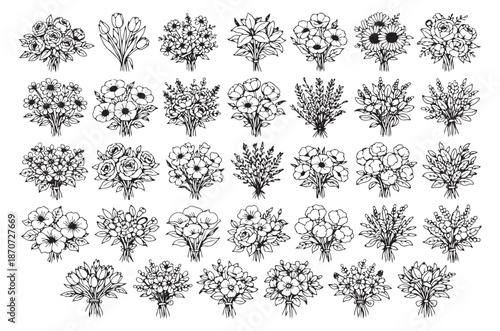 Hand drawn line art floral bouquets set featuring a variety of blossoms for decoration and greetings