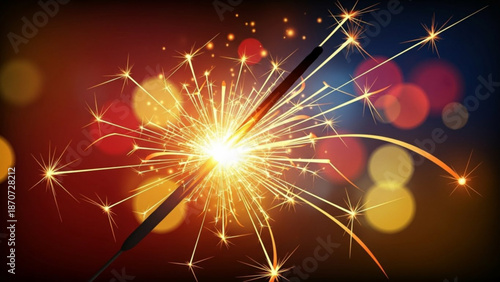 A bright sparkler emits vibrant golden sparks against a dark background with colorful bokeh lights with celebration
