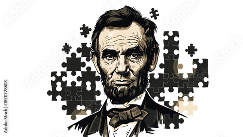 Canvastavla Stylized portrait of Abraham Lincoln with a serious expression, surrounded by numerous dark and light puzzle pieces, symbolizing complexity or problem-solving