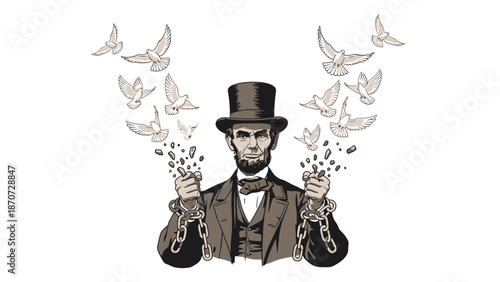 Bild auf Leinwand Abraham Lincoln breaking chains with doves flying, symbolizing freedom and emancipation