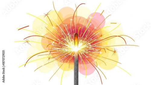 Vibrant sparkler with yellow and red sparks exploding against a colorful background of orange pink and yellow hues on white