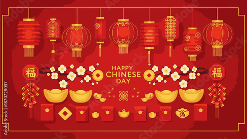 Vibrant digital illustration of Happy Chinese Day celebration with red lanterns, golden decorations, and festive elements on a red background.