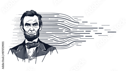 Cuadro en lienzo Stylized black and white illustration of Abraham Lincoln with abstract flowing lines representing data or legacy