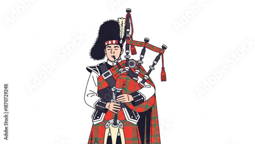  burn night Scottish bagpiper wearing traditional highland dress playing bagpipes with fur hat and red tartan kilt standing on white background