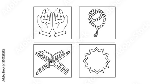 Islamic Religious Symbols Line Art Icon Set for Prayer and Devotion