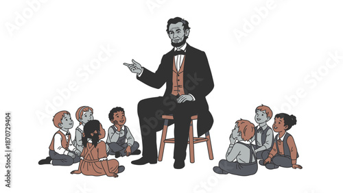 Illustration of Abraham Lincoln teaching a diverse group of children sitting on the floor.