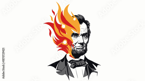 Artistic illustration of Abraham Lincoln with half face on fire symbolizing passion and intensity.