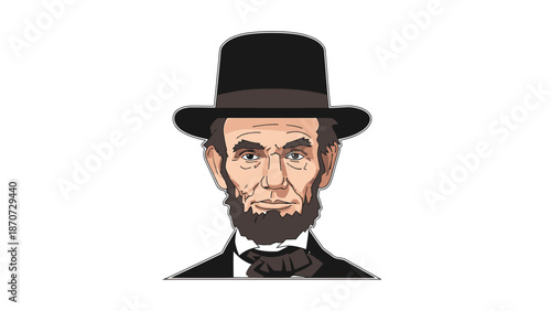 Illustration of Abraham Lincoln wearing a black hat and bow tie.