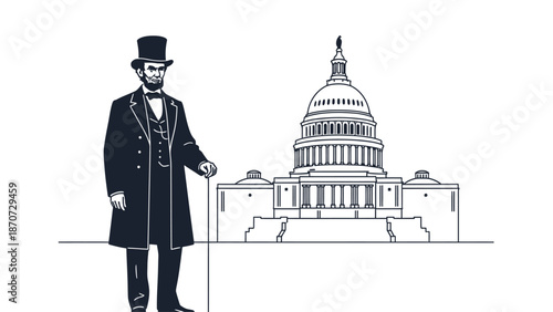 Vintage illustration of a man in formal attire standing next to the United States Capitol building.