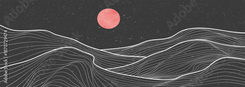 mountain desert line art print. Abstract mountain contemporary aesthetic backgrounds landscapes. with mountain, forest, sea, skyline, wave and moonlight