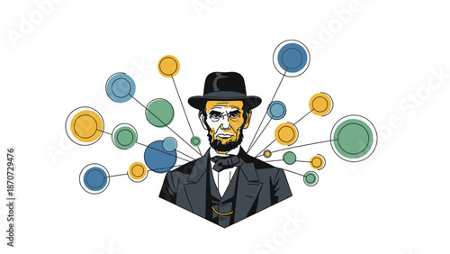 Illustration of Abraham Lincoln with interconnected colorful circles representing ideas or connections.