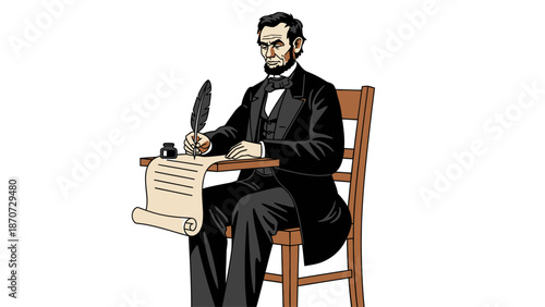 Illustration of a historical figure writing a document with a quill pen while seated on a wooden chair.