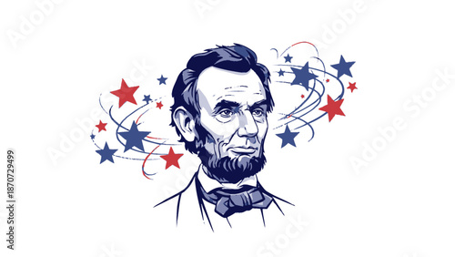 Illustration of Abraham Lincoln surrounded by patriotic stars and swirls.