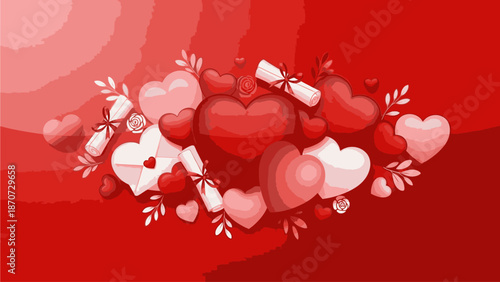 A vibrant digital illustration of various sized hearts in shades of red and pink, adorned with floral elements, set against a bold red background with a subtle gradient effect, celebrating