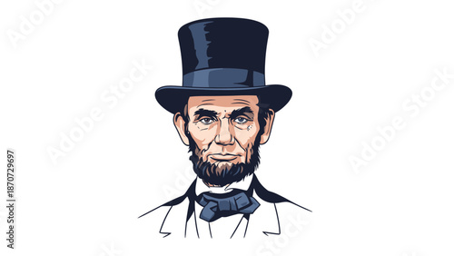 Illustration of Abraham Lincoln wearing a top hat and bow tie with a serious expression.