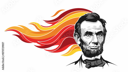 Illustration of Abraham Lincoln with stylized flaming hair in red and orange hues.
