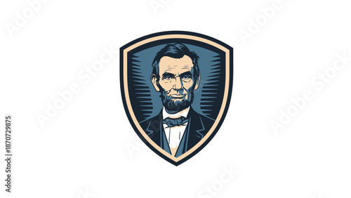 Illustration of Abraham Lincoln in a shield emblem style with vintage design.