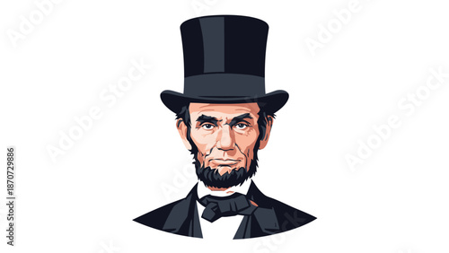 Illustration of Abraham Lincoln wearing a black top hat and bow tie.