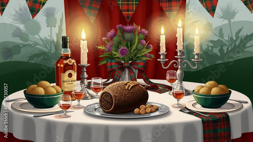 A beautifully set table with a roasted meat potatoes and whiskey for a cozy dinner party with warm candlelight