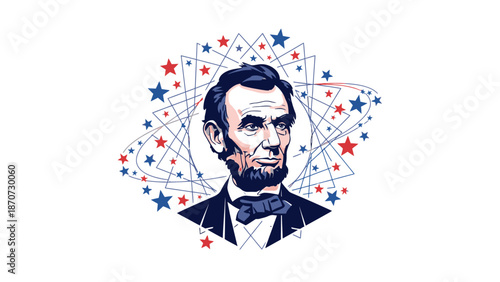 Illustration of Abraham Lincoln with atomic and patriotic symbols.