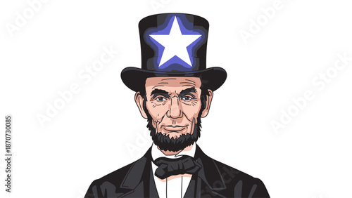 Illustration of a historical figure resembling Abraham Lincoln wearing a patriotic hat with a star.