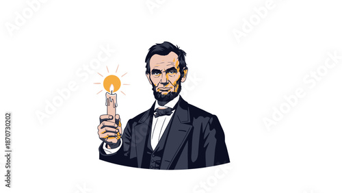 Illustration of Abraham Lincoln holding a glowing light bulb symbolizing innovation and ideas.