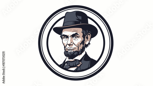 Illustration of a historical man with a beard and hat in a circular frame.
