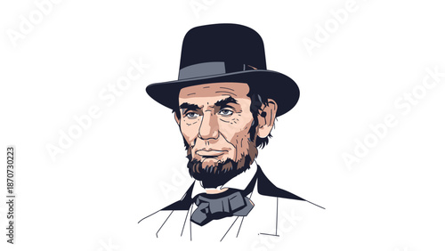 Illustration of Abraham Lincoln wearing a black hat and bow tie.