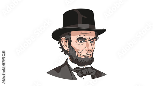 Illustration of a man resembling a historical figure wearing a black hat and bow tie.