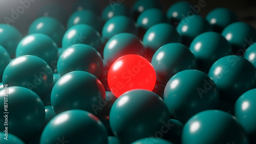 Conceptual 3D illustration of a single vibrant red sphere standing out among a vast crowd of teal blue globes representing anomaly detection outlier identification and unique individuality.