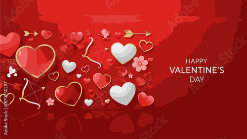 Digital illustration of various red hearts and flowers with 'Happy Valentine's Day' text on a dark red background with a shallow depth of field and warm tones.