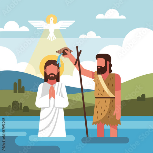 Disciples of Christ witnessing baptism with John the Baptist pouring water on Jesus in river. Scene features divine light, dove above, illustrating baptism of Christ and faith shared among disciples.