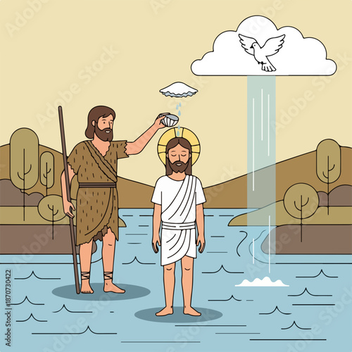 Baptism of Christ by John the Baptist in serene river setting, disciples of Christ witnessing holy event. Baptism of Christ represents significant religious moment depicting faith and spirituality.