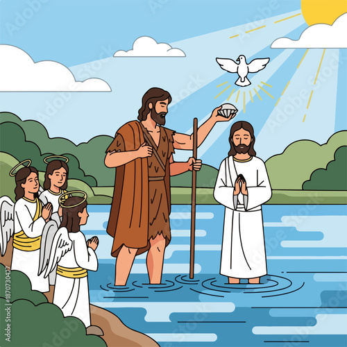 Baptism of Christ with John the Baptist in river surrounded by disciples and angels. Baptism of Christ scene features holy moment with river, sunlight, and dove representing spirit.