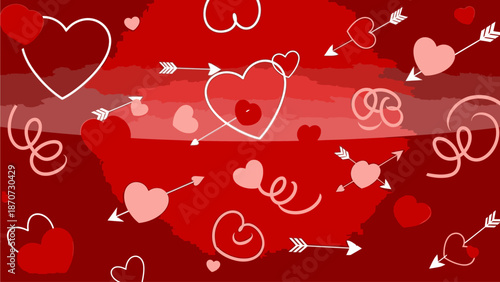 A vibrant red background with a pattern of white and pink hearts, arrows, and ribbons, conveying a festive and romantic mood for Happy Valentine's Day.