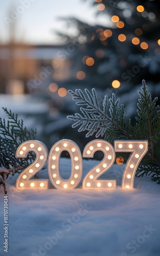 Illuminated Marquee Numbers '2027' Stand in Snow with Frosty Pine Branches and Bokeh Lights