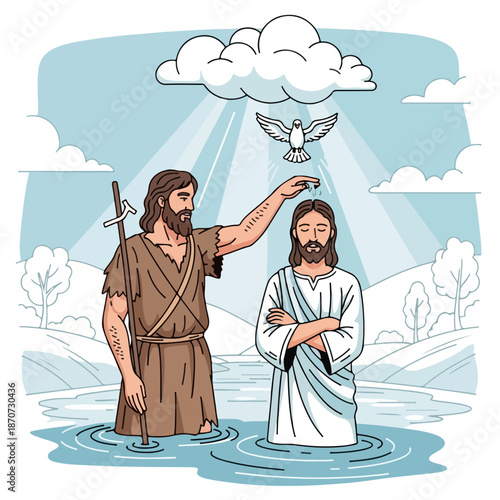 Baptism of Christ by John the Baptist in front of serene landscape with dove symbolizing Holy Spirit. Baptism of Christ represents an important biblical moment of faith and spiritual purity.