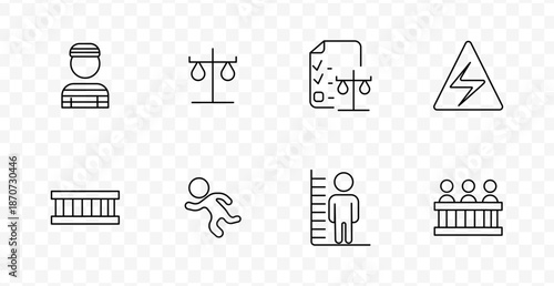 Law and justice set icon. Prisoner, scale, checklist with scale, warning sign, jail bars, body outline, height chart, courtroom audience, all in legal-related visuals.