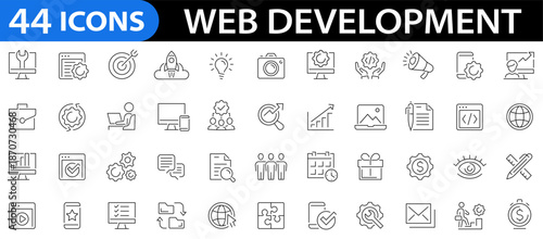 Web development 44 icon set. Technology development icons. Marketing, analytics, e-commerce, digital, management, seo and more. Editable stroke. Vector illustration
