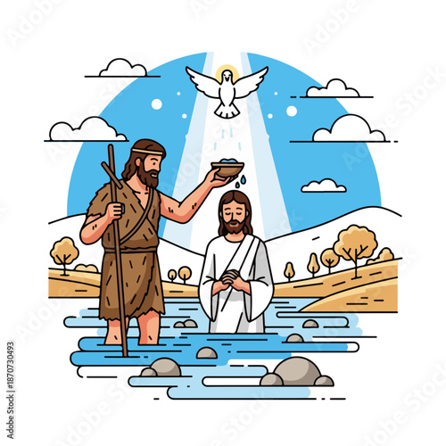 Baptism of Christ in serene river with John the Baptist pouring water. Jesus stands in peaceful water as John baptizes him surrounded by nature's beauty.