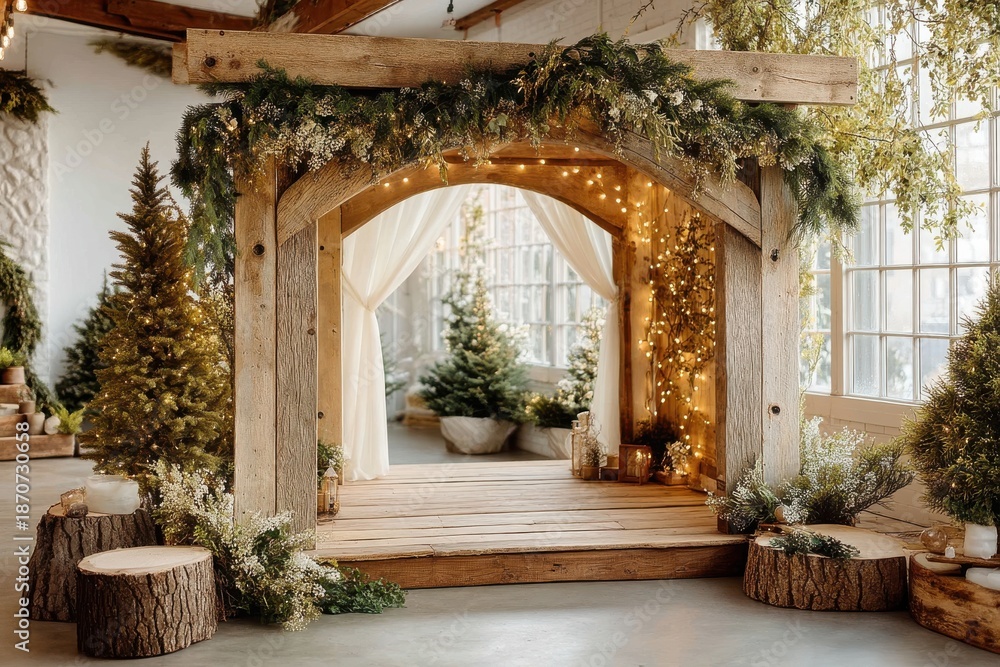 Fototapeta premium Rustic wooden arch decorated with greenery and fairy lights for a festive Christmas wedding backdrop